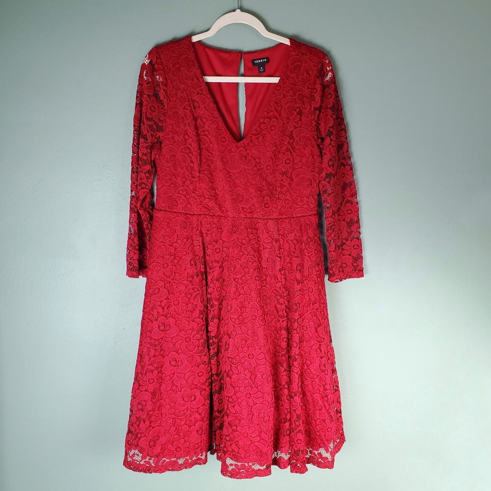 Torrid Womens Red Mini Lace Skater V-Neck Dress Size 0 Large